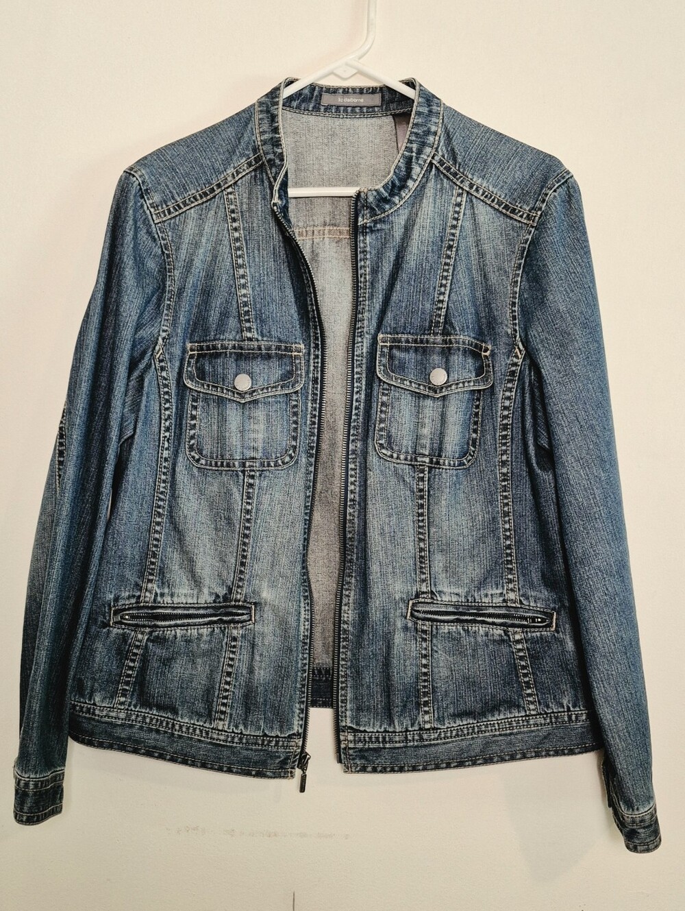 Liz Claiborne Zip Front Denim Jacket Size XL Collarless Blue Wash